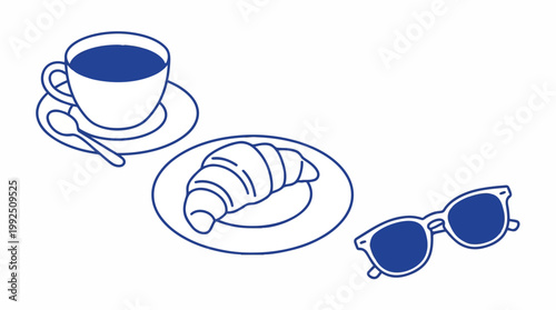 Minimalist blue line art of a coffee cup, fresh croissant and sunglasses on white background, suitable for café menus, travel blogs and lifestyle ads.