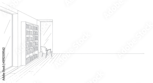 Modern Interior Design Sketch with Bookshelves and Seating Area.