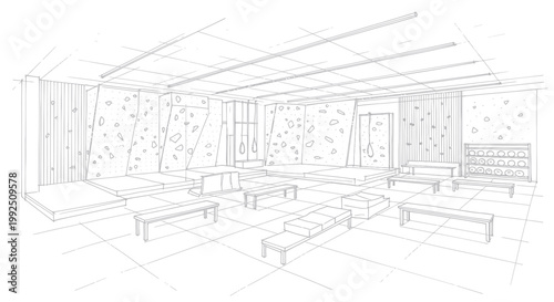 Modern Interior Design Sketch of a Spacious Lounge Area.
