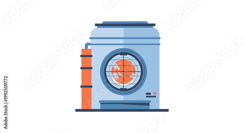 Industrial cooling tower unit with orange glowing heat source inside. EPS Editable. Vector Illustrations.