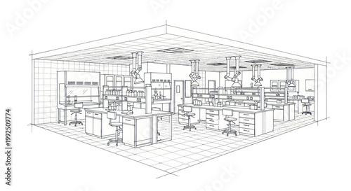 Modern Laboratory Interior Design Sketch with Workstations and Equipment.