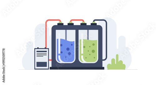 Industrial chemical processing system with dual reaction tanks and control unit. EPS Editable. Vector Illustrations.