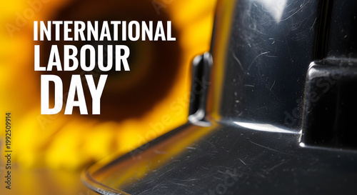 International Labour Day greeting with hard hat and yellow flower