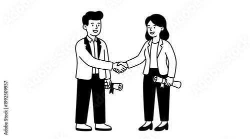 Line art illustration of a man and a woman shaking hands after graduation. EPS Editable. Vector Illustrations.