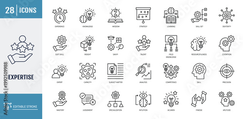 Expertise icon collection set. Icons related to knowledge, skill, proficiency, mastery, competence, specialization, experience, capability, aptitude, talent, expert, insight. Outline icon set. Vector 