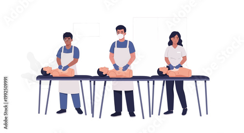 Medical students performing CPR chest compressions on anatomical training manikins. EPS Editable. Vector Illustrations.