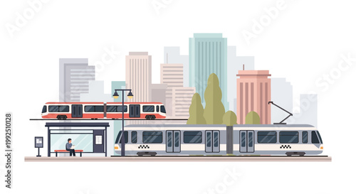 Modern electric trams at a public transit stop with waiting passenger. EPS Editable. Vector Illustrations.