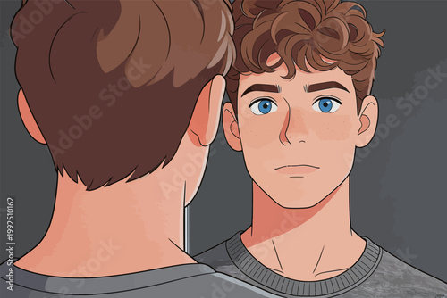 Young man looks at his reflection in the mirror while standing in a simple room during the daytime