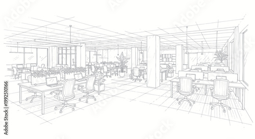 Modern Office Interior Design Sketch with Desks and Chairs.