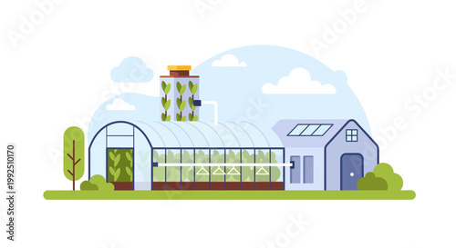 Modern greenhouse complex for sustainable agriculture and vertical farming illustration. EPS Editable. Vector Illustrations.