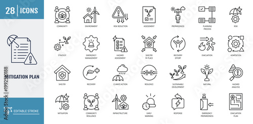 Mitigation icon set. Icons related to preparedness, disaster, risk, reduction, strategy, resilience, vulnerability. Outline icon set. Vector illustration with editable stroke