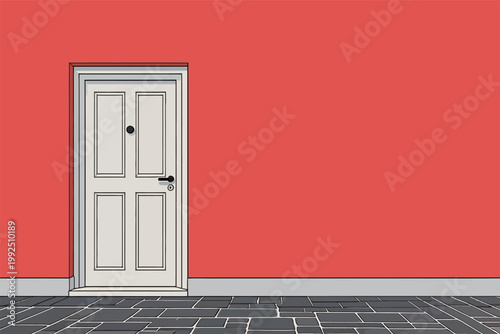 Door stands against a bright red wall in a simple room with a stone floor during daylight hours