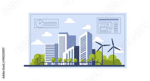 Modern smart city skyline with skyscrapers and wind turbines. EPS Editable. Vector Illustrations.