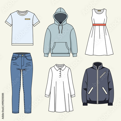 A flat illustration showcasing a collection of casual clothing items for everyday wear, presented in a clean, minimalist style.