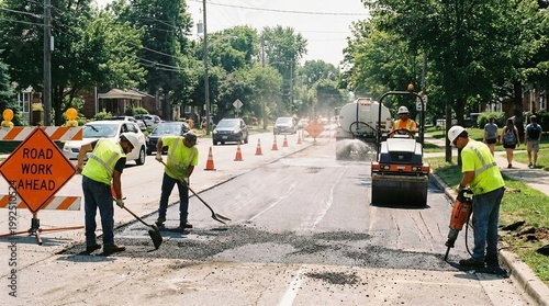 Road crew repairs asphalt on a suburban street with cones and a roller, bright safety vests and dust in sunlight, practical civic maintenance and traffic control