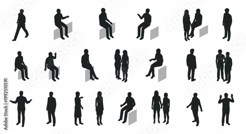 isometric black silhouette people set illustrating diverse actions and poses