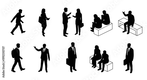 silhouette business people in discussion and walking in black and white