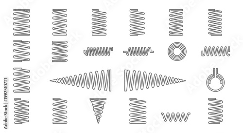 a diverse collection of linear and conical spring coil icons illustrating mechanical flexibility and tension in simple vector line art for engineering designs.