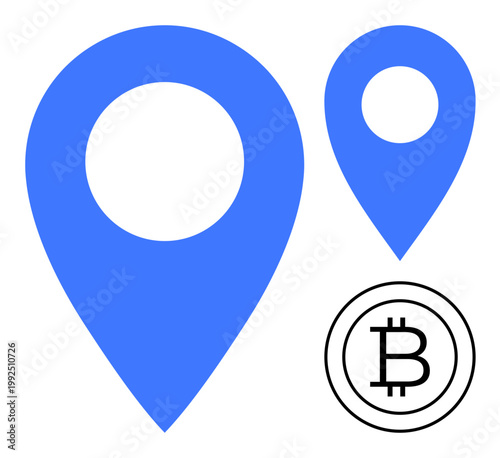 Cryptocurrency, blockchain, location tracking, digital payments, navigation tools, fintech. Blue map markers and Bitcoin symbol in a simple design. Cryptocurrency and blockchain integration concept