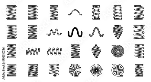 collection of diverse spring coil icons illustrating mechanical engineering and industrial design concepts for technological projects.