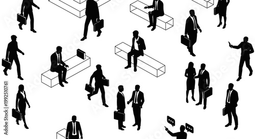 diverse isometric black silhouettes of business people interacting and moving through a modern corporate environment illustrating networking and collaboration
