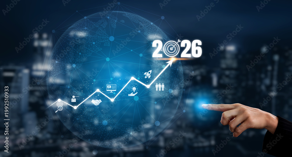 Naklejka premium 2026 business goal and growth strategy focuses on business, goal, and growth through roadmap, development, and team-driven achievement with future planning Vouch