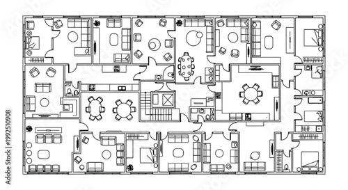 architectural floor plan detailing interior design furniture symbols for a modern residential apartment complex layout design