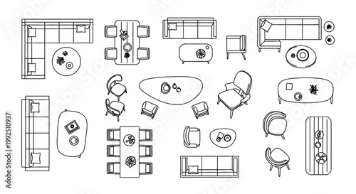 architectural furniture symbols set showcasing a top view of modern sofas tables and chairs as cad plan vector icons for interior design and residential floor plans.