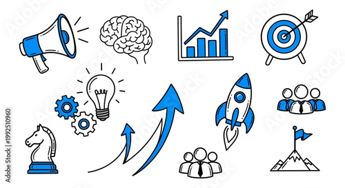 business icons illustrating strategy growth success and innovation depicting planning teamwork and professional development concepts for presentations.