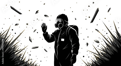 asbestos protection worker in hazmat suit and gas mask in dangerous environment illustrating safety protocols.