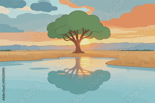 Sunset over the river with a tree and distant mountains in the background near a grassy area