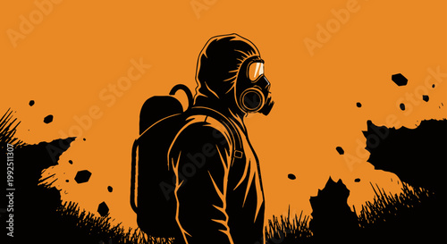 hazmat suit and gas mask-clad survivor explores a desolate post-apocalyptic environment symbolizing environmental disaster and future survival.