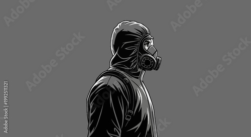 hazmat suit gas mask and protective gear worn by an individual symbolizing personal protection during a crisis or pandemic.