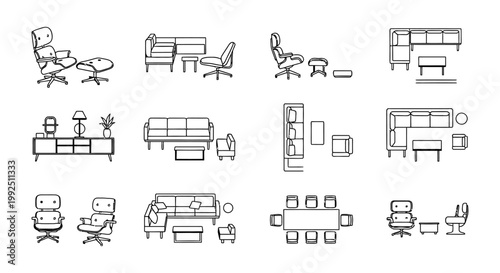 line art architectural furniture symbols set for modern interior design and 2d floor plans featuring various chairs and sofas for home decor.