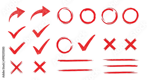 red hand-drawn sketch elements for annotation and emphasis including checkmarks arrows crosses circles and underlines.