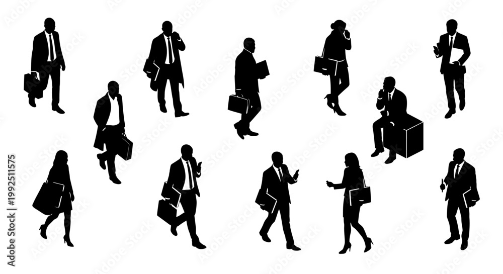 Obraz premium collection of black silhouettes of business people with briefcases and phones
