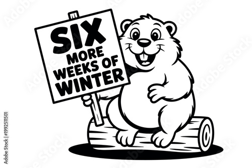 A cartoon groundhog holds a sign predicting six more weeks of winter.