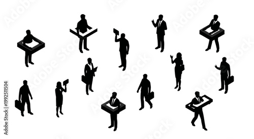 a collection of isometric business people silhouettes illustrating corporate life conformity and working professionals.