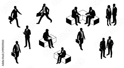 black and white silhouettes of businessmen in various poses walking sitting meeting