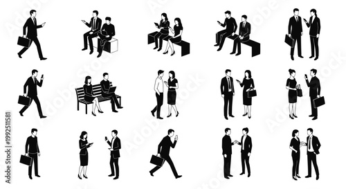 collection of isometric business people in black and white communicating and working