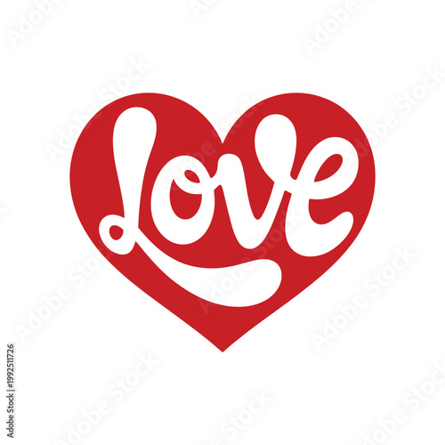 A red heart with the word love written in white cursive font on a white background