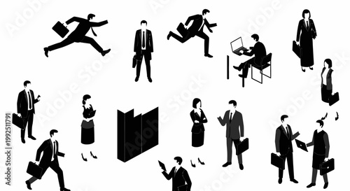 isometric business people silhouette vector icon set showing professionals working running and commuting