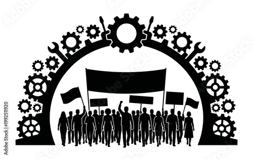 World Labour Day protest parade silhouette of crowd marching with banners and flags under gear arch, vector illustration.