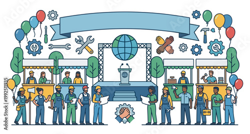 World Labour Day celebration stage with diverse workers in uniform, food stalls, balloons, gears, and a globe, flat vector illustration