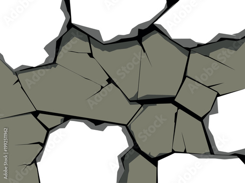 A cracked and broken surface with jagged edges and fragments