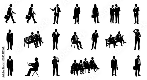 business people silhouettes vector illustration featuring diverse businessmen and businesswomen in various corporate scenarios.