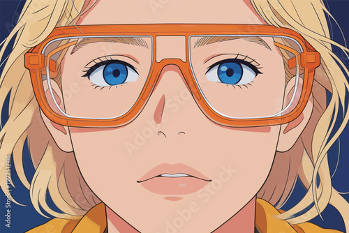 Character with orange glasses stares forward under a dark background in an animated scene