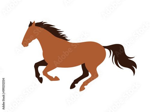 A brown horse is running with its mane and tail flowing in the wind.