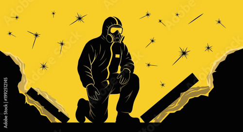 a hazmat suit clad emergency worker with a gas mask kneels to inspect a hazardous environment or disaster response scene