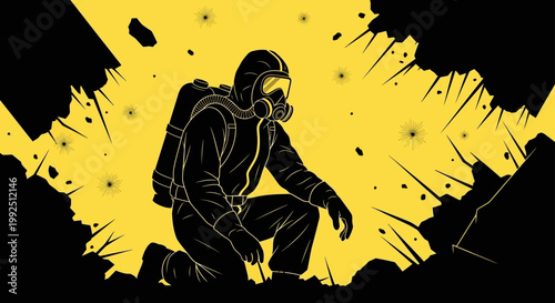 a hazmat suit emergency worker in full chemical protection crouches assessing a hazardous environment amidst debris illustrating critical disaster response.